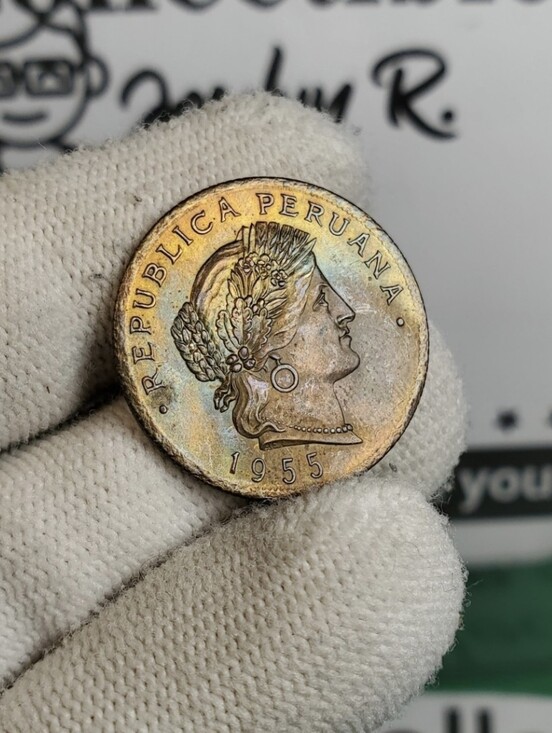 None Accessories - 1955 Peru 20 Centavos - Stunning Natural Blue Toning
